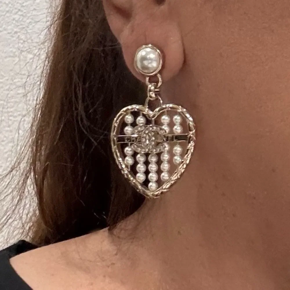 CHANEL Gold Heart Earrings with Pearl and diamond Accents